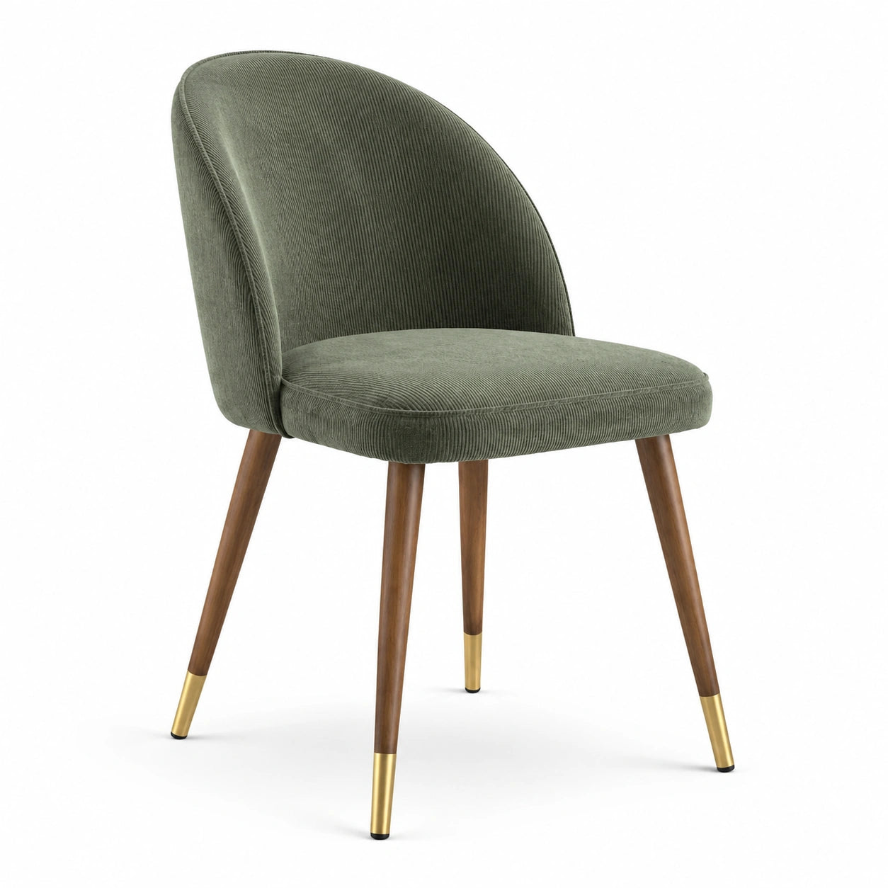 Chaise en tissu côtelé vert avec pieds en bois de noyer