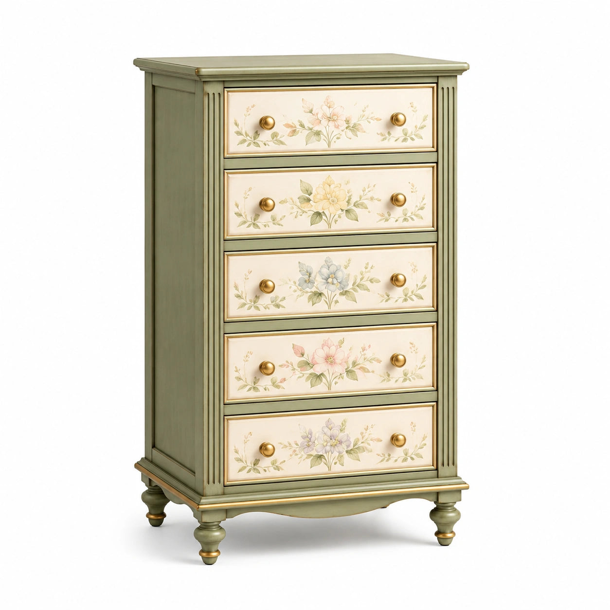 Commode en bois avec motifs floraux peints, vert et beige
