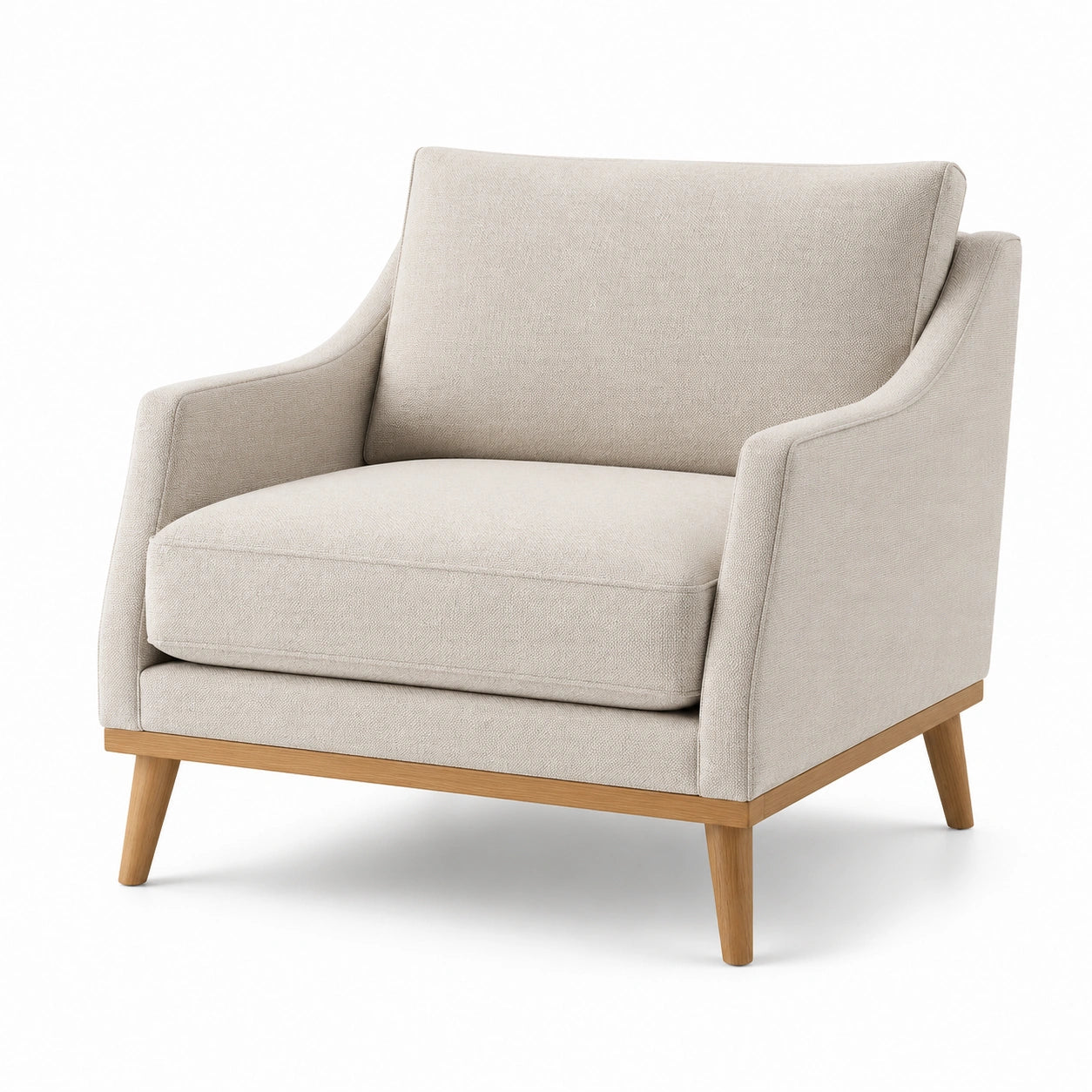 Fauteuil en lin beige avec pieds en bois de chêne